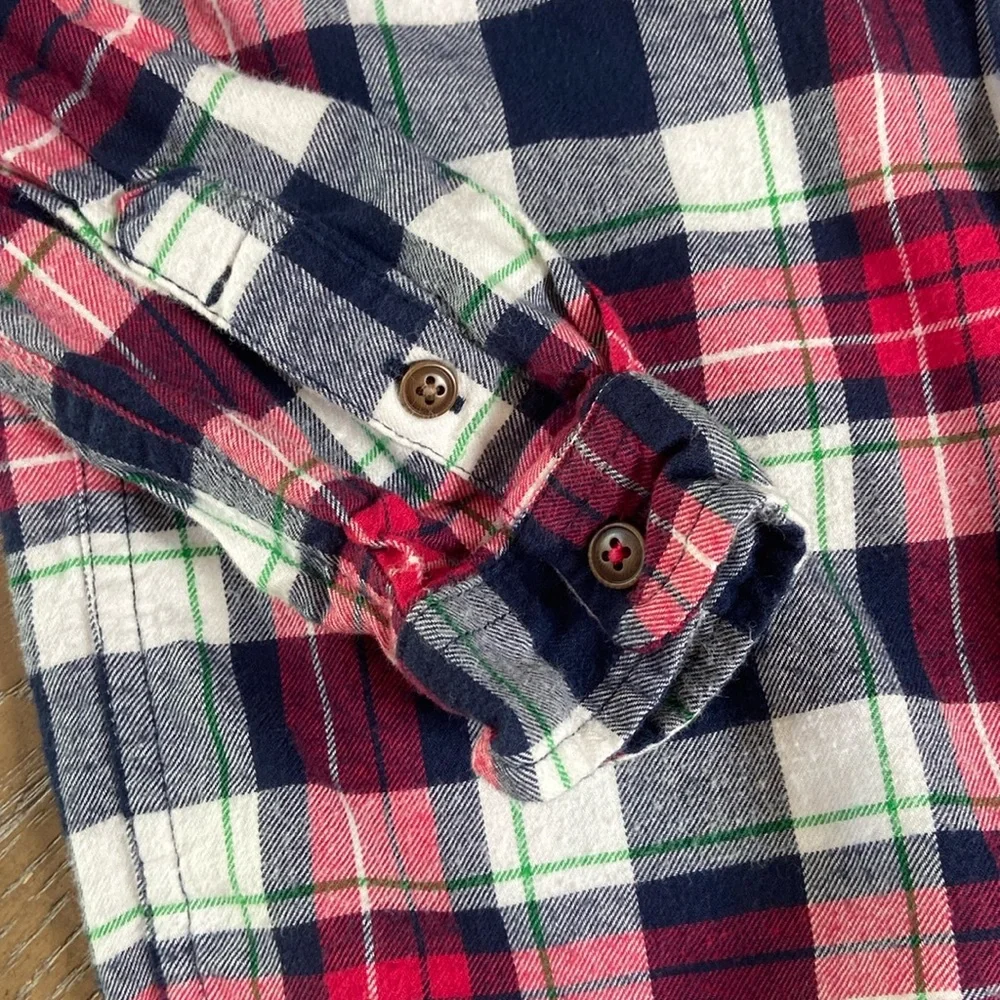 Little Boy Red & Navy Blue Plaid Fall Harvest Apple Flannel Button Down Shirt